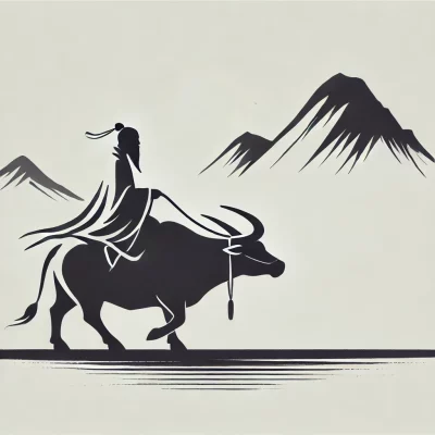 DALL·E 2024-11-26 14.00.05 - A minimalist silhouette illustration of an old Chinese wise man riding a water ox, depicted with simple and clean lines. The figure is traveling towar