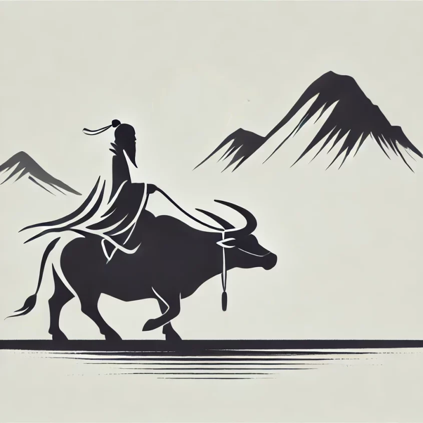 DALL·E 2024-11-26 14.00.05 - A minimalist silhouette illustration of an old Chinese wise man riding a water ox, depicted with simple and clean lines. The figure is traveling towar