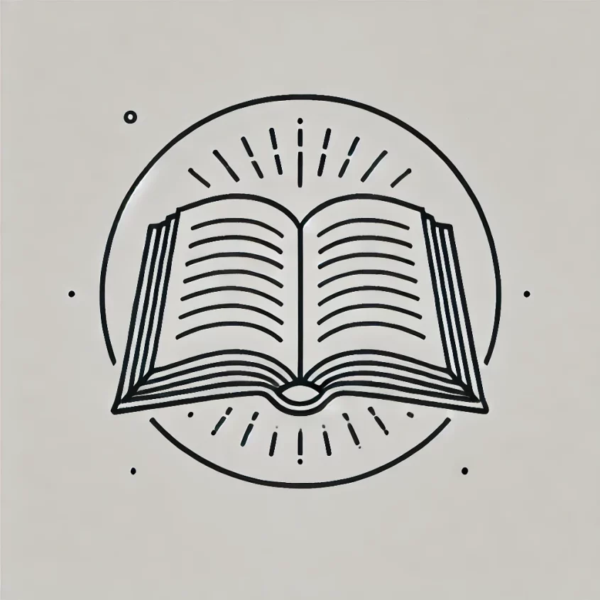 DALL·E 2024-11-26 14.07.43 - A minimalist line drawing of an open book with clean, defined outlines, slightly more intricate details like visible pages, and a subtle halo effect s