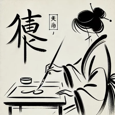 DALL·E 2024-11-27 15.18.29 - A simple monochrome line drawing of a woman practicing Hanzi writing. She is seated at a table with a brush in hand, poised over a piece of paper feat