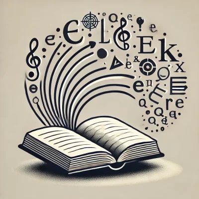 DALL·E 2024-11-27 16.45.16 - A minimalist illustration representing a linguistics course. The image features a stylized open book with letters and phonetic symbols flowing out of